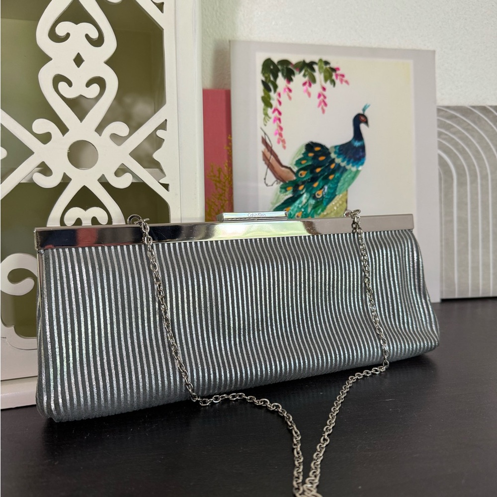 Calvin Klein Silver Striped Suede Evening Clutch